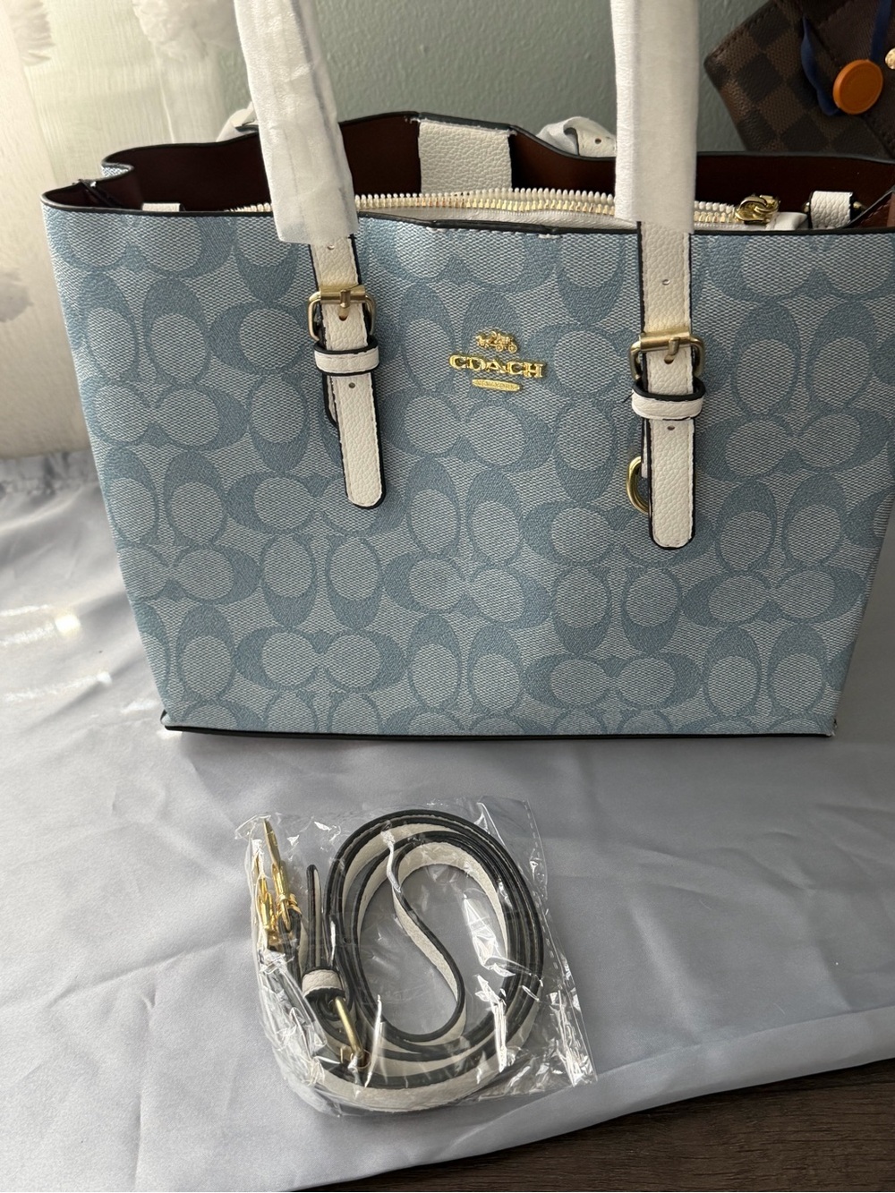 Coach Light Blue Signature Canvas Tote with White Trim and Gold Hardware